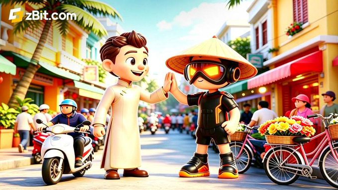 A cheerful 3D-style animated illustration shows a man in traditional attire high-fiving a futuristic character wearing a conical hat and tech goggles on a vibrant street, with "zBit.com" displayed in the top-left corner.

The image visually represents the spirit of zBit's Ambassador Program, blending cultural tradition with modern Web3 innovation—mirroring the program's goal of uniting diverse creators and community builders in the crypto space.