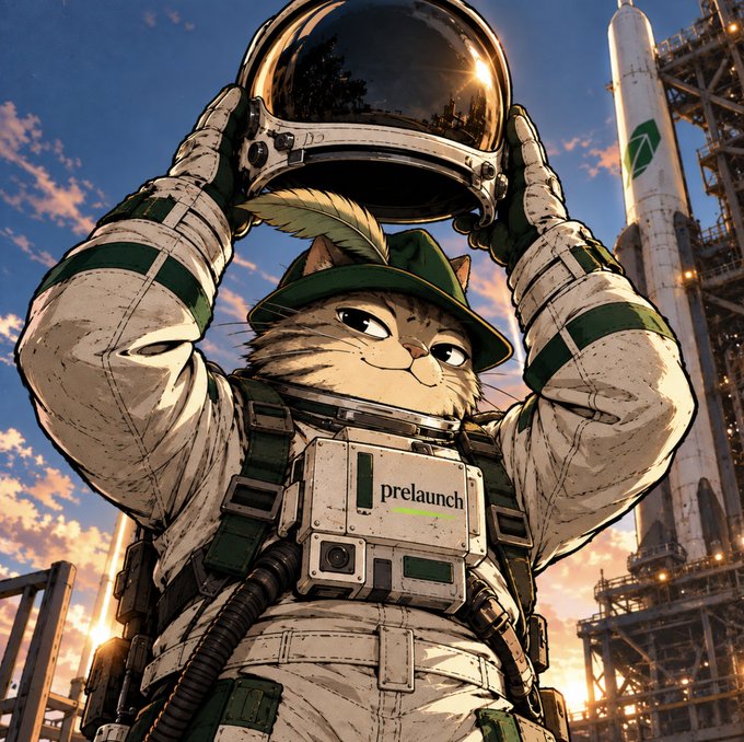 An anime-style illustration features a cat in an astronaut suit with the word "prelaunch" on its chest plate, lifting its gold-visored helmet, with a rocket on a launchpad in the background.