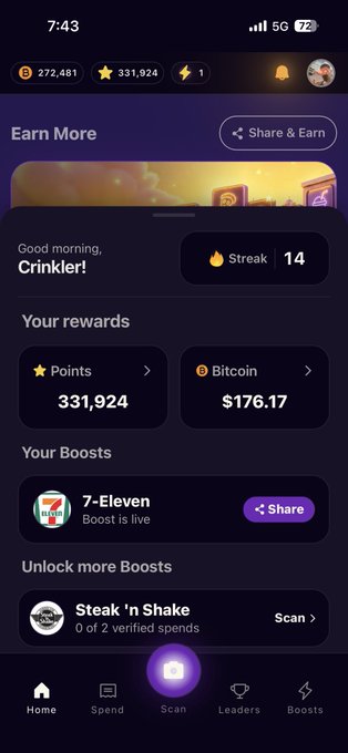 A mobile app screenshot (likely a crypto rewards app) showing a user 'Crinkler' with 331,924 points and $176.17 in Bitcoin, a 14-day streak, and a 7-Eleven boost promotion.