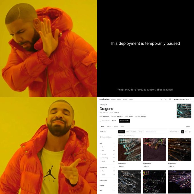A Drake meme format with two photos of him rejecting then approving, paired with a 'bestioclothes' webpage showing a 'Dragons' NFT collection that displays 'This deployment is temporarily paused'.