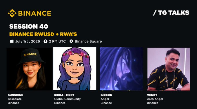 Binance TG Talks Session 40 announcement: 'Binance RWUSD + RWA's' on July 1st, 2026 at 2 PM UTC at Binance Square, featuring panelists Sunshine (Associate), Ribka-Host (Global Community), Gideon (Angel), and Venky (Arch Angel).