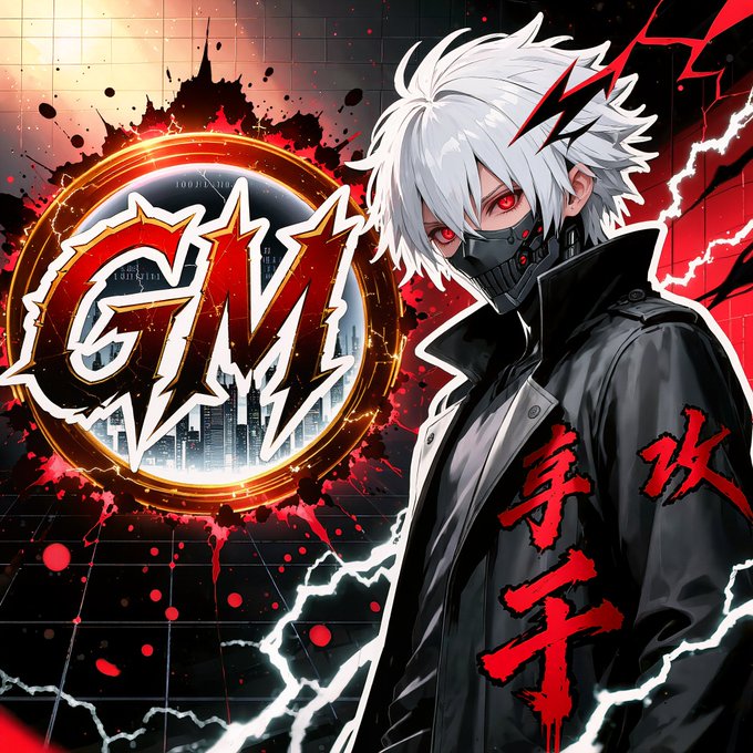 An anime-style digital illustration features a white-haired male character with red eyes wearing a black coat and mask, with the stylized text 'GM' prominently displayed and red Japanese/Chinese characters on the right.