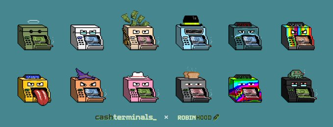 Pixel art illustration of various cash register/cashier terminal characters, with text 'cashterminals_ × ROBIN HOOD' at the bottom.