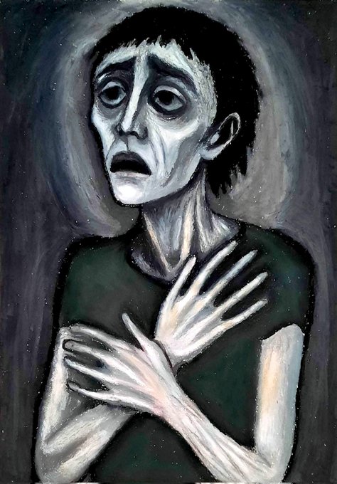 A moody expressionist painting of a gaunt, pale figure with dark hollow eyes, dark hair, and crossed arms against a dark gray background, evoking a sense of melancholy or fear.