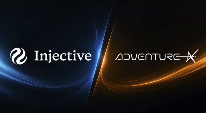 A split-screen promotional image with 'Injective' logo on a blue background on the left and 'ADVENTURE X' logo on an orange background on the right.