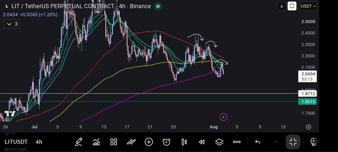 A TradingView 4-hour candlestick chart shows LIT/USDT Perpetual Contract on Binance trading at $2.0434 (+1.20%), with the price hovering near the 200-period moving average (purple line) while forming a potential double-top pattern around the $2.30 resistance level. The annotation arrows highlight the recent bearish rejection from key technical levels.