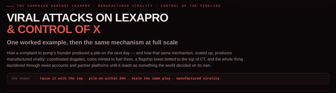 A blog post header titled "VIRAL ATTACKS ON LEXAPRO & CONTROL OF X" with a subtitle reading "One worked example, then the same mechanism at full scale," alongside a breadcrumb showing categories "THE CAMPAIGN AGAINST LEXAPRO · MANUFACTURED VIRALITY · CONTROL OF THE TIMELINE." The post discusses how a founder's pile-on was scaled up into manufactured virality, guppies, and botnets that reached the top of CT—directly illustrating the caption's claim that Pumpfun ("Baton Corp") controls X's rails and can coordinate bot/actor-driven attacks on any target.