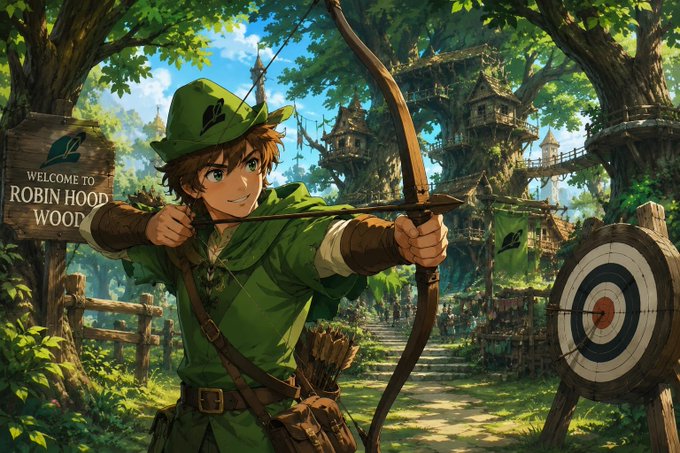 An anime-style illustration shows a young archer in a green Robin Hood outfit and feathered hat aiming a bow at a target, with a wooden sign reading 'Welcome to Robin Hood Wood' and treehouse structures in a lush forest background.