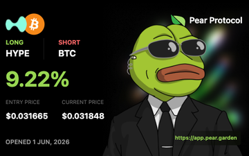 The image features a cartoon frog wearing sunglasses, glasses, and a suit, standing against a black background with white text that reads "Long Hype Btc Pear Protocol". The frog appears to be talking about pear protocol trading strategies or discussing the pear protocol in general.