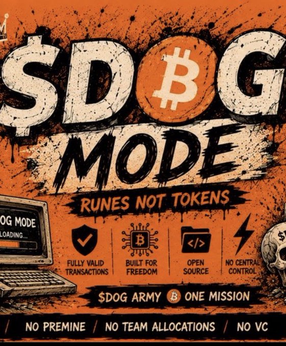 A vibrant orange promotional graphic for '$DOG MODE' cryptocurrency featuring a Bitcoin logo inside the 'O', with the tagline 'RUNES NOT TOKENS' and listed features: 'FULLY VALID TRANSACTIONS', 'BUILT FOR FREEDOM', 'OPEN SOURCE', and 'NO CENTRAL CONTROL', along with '$DOG ARMY', 'ONE MISSION', and 'NO PREMINE | NO TEAM ALLOCATIONS | NO VC'.