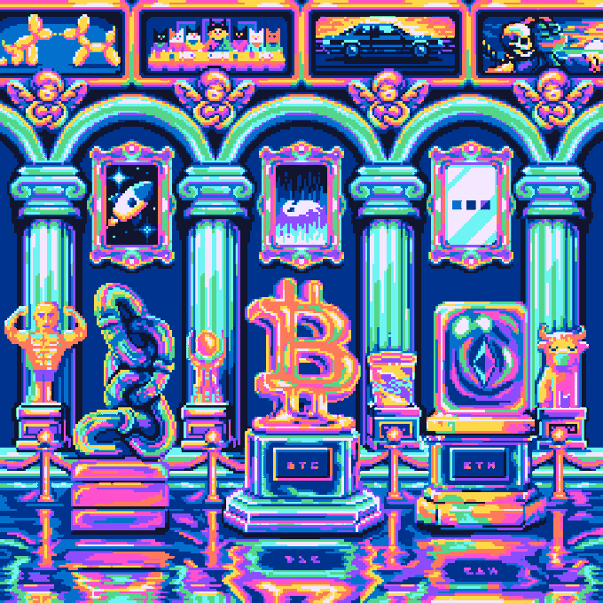 A vibrant pixel art digital scene depicting various trophies and statues on pedestals, including prominent gold and silver trophies labeled 'BTC' and 'ETH', flanked by classical columns and cherub statues.