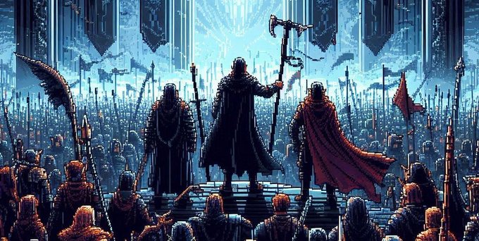 A fantasy digital illustration showing three figures on a raised platform holding axes, standing before a vast blue-toned army of armored soldiers with banners and spears.