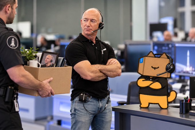 A digitally edited image shows Jeff Bezos in a Black polo shirt with a headset, with a cartoon cat character edited into the scene wearing a similar headset.