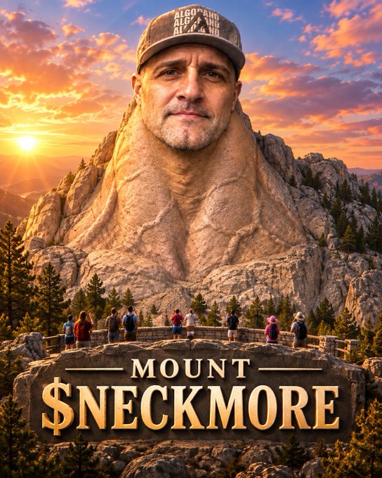 A digitally manipulated image styled like a Mount Rushmore-style national park poster, showing a man's head emerging from a rocky mountain at sunset, captioned 'MOUNT $NECKMORE' in gold lettering.