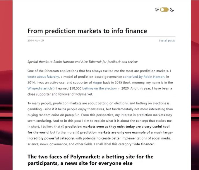 A blog post titled "From prediction markets to info finance" dated November 9, 2024, discussing Ethereum prediction markets, mentioning Vitalik Buterin's $58,000 election bet, Polymarket, and the concept of "info finance."