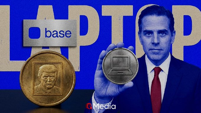 A graphic depicting Hunter Biden holding a crypto coin alongside a Trump-branded coin, with "base" labeled, against a blue backdrop featuring "LAPTOP" text.