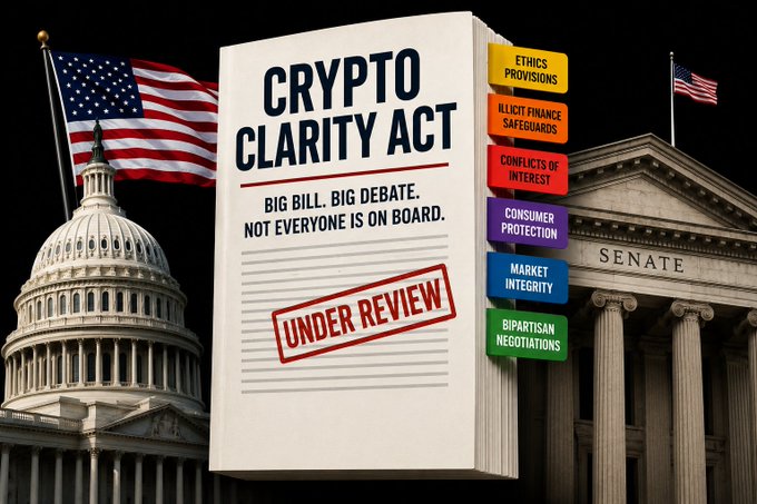 The "Crypto Clarity Act," a major bill facing debate with issues noted on consumer protection and illicit finance safeguards, is pictured in front of the U.S. Capitol and Senate buildings. The image visually represents the legislative process and the ongoing discussions surrounding cryptocurrency regulation.
