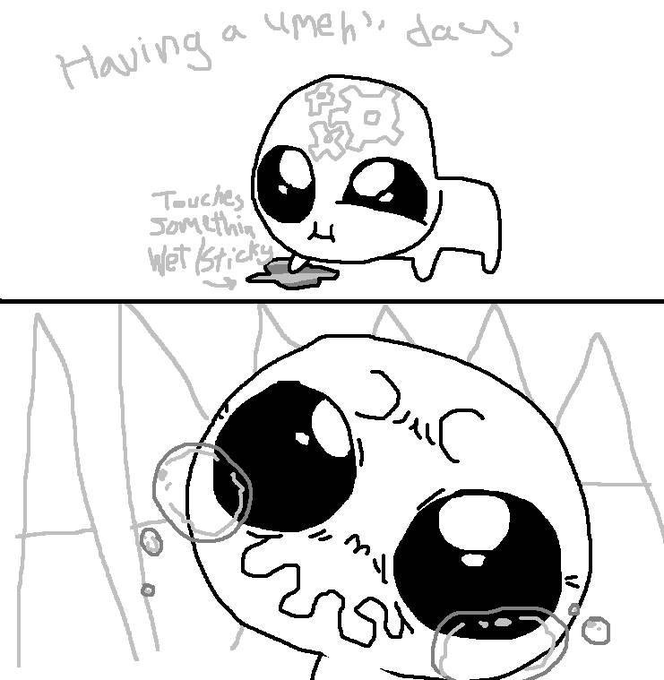 A two-panel hand-drawn comic featuring a small cartoon creature with gears on its head; the top panel reads "Having a 'meh' day" and "Touches something wet/sticky," while the bottom panel zooms in on the creature's large, sad eyes.