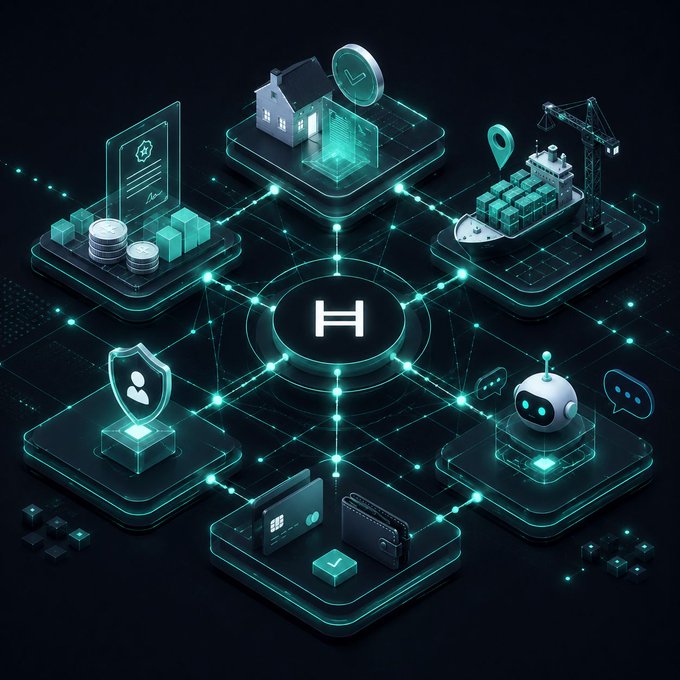 A futuristic isometric digital illustration depicting an interconnected network with glowing teal nodes, featuring icons of a house, cargo ship, AI robot, security shield, and credit cards.