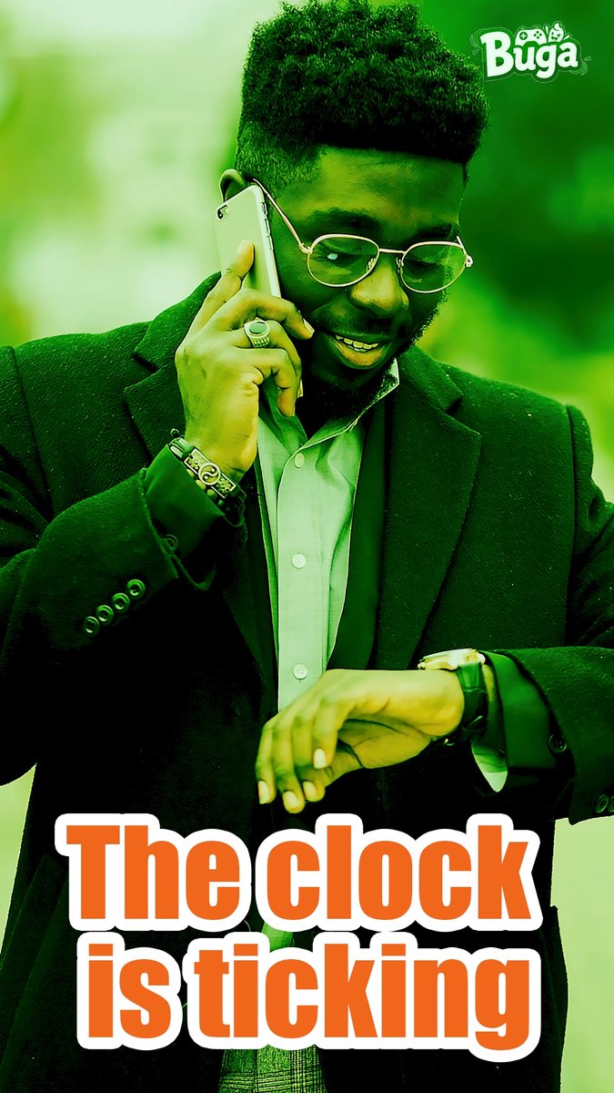 A stylized photo with a green color tint showing a smiling man in a suit talking on a smartphone and checking his watch, with the large orange text 'The clock is ticking' at the bottom and 'Buga' in the top right corner.