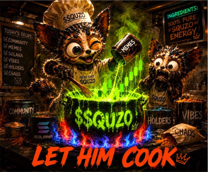 A colorful AI-generated crypto meme artwork featuring a 'Head Chef' cat-like creature cooking '$SQUZO' energy, with ingredients listed as community, memes, Solana, vibes, holders, and chaos, captioned 'LET HIM COOK'.