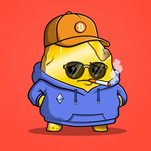A cartoon illustration of a yellow lemon character wearing a Bitcoin cap, sunglasses, and a blue hoodie while smoking a cigarette on a red background.