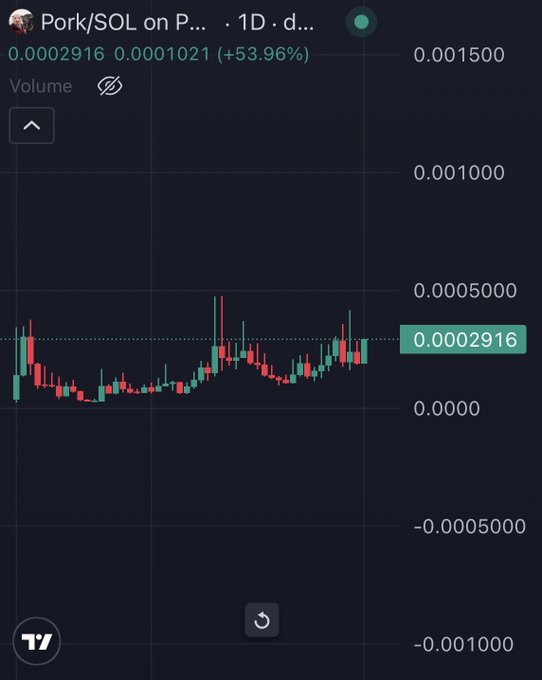 A 1-day candlestick chart of Pork/SOL ($PORK) on Phantom DEX, showing a current price of 0.0002916 with a +53.96% gain (0.0001021) and price range between roughly -0.001 and 0.0015. The chart's relatively low price levels and recent upward momentum visually reinforce the post's claim that $PORK is "undervalued," "mispriced," and "cheap," positioned by the poster as a major holding ahead of an anticipated bull run.