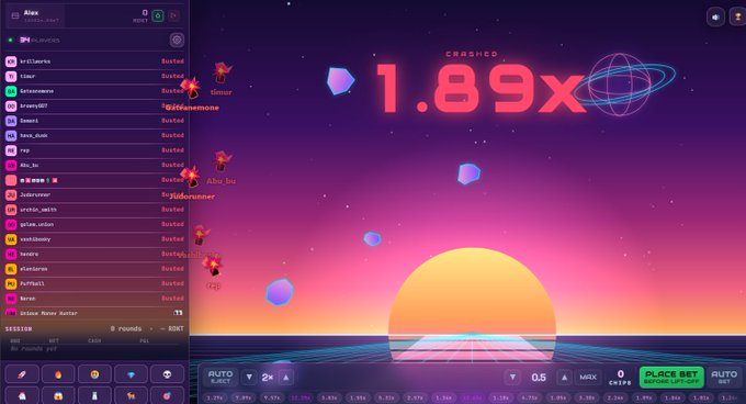 A screenshot of the crypto crash gambling game showing a 'CRASHED 1.89x' result in a retro synthwave/sunset theme, with a leaderboard on the left showing 'Alex' in first place and various players 'busted'.