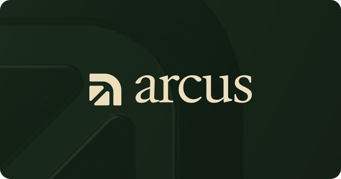 A minimalist logo for 'arcus' featuring a geometric icon in cream against a dark olive-green background.