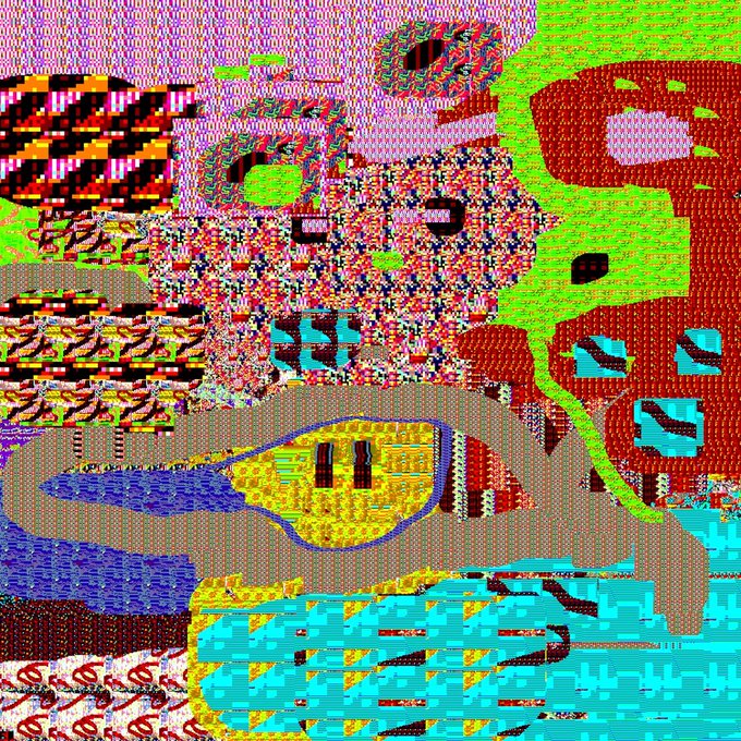 A chaotic, glitch-art style digital image with distorted pixelated patterns in bright neon colors including green, red, blue, and yellow.