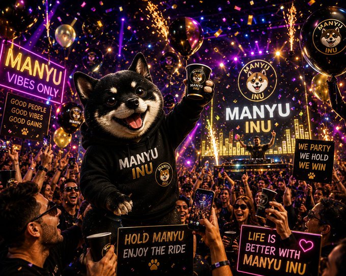 A black Shiba Inu mascot wearing a "MANYU INU" hoodie cheers with a branded cup at a vibrant confetti-filled concert, surrounded by fans holding signs reading "MANYU VIBES ONLY," "GOOD PEOPLE GOOD VIBES GOOD GAINS," "HOLD MANYU ENJOY THE RIDE," and "LIFE IS BETTER WITH MANYU INU." The image aligns with the post by promoting $MANYU as a vibrant community-driven memecoin movement, celebrating its "MANYU VIBES" lifestyle branding beyond just a token.