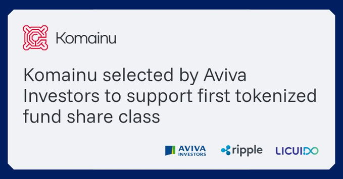 Komainu has been selected by Aviva Investors to support its first tokenized fund share class, as shown by the logos for Komainu, Aviva Investors, and Ripple in the image. This partnership highlights the evolution of custody services for tokenized assets.