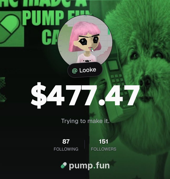 A pump.fun profile for "Looke" shows an earnings balance of $477.47 with a bio reading "Trying to make it," accompanied by a green-tinted background featuring a poodle holding a cell phone and a pink-haired cartoon avatar. The profile shows 151 followers and 87 following, aligning with the caption about giving money away to followers through the Pump.fun app.