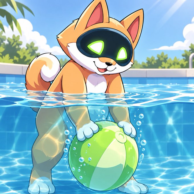 A digital illustration of an adorable cartoon fox-like creature wearing a black mask with glowing green eyes, standing in a swimming pool while holding a green and white beach ball underwater.