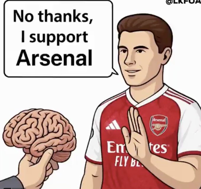The meme features a cartoon of a man in an Arsenal jersey refusing a brain being offered to him, saying "No thanks, I support Arsenal," implying Arsenal fans lack intelligence. It relates to the post about "catching strays" by referencing the popular football rivalry meme where Arsenal supporters are stereotypically mocked, though the connection to Solana is tangential.