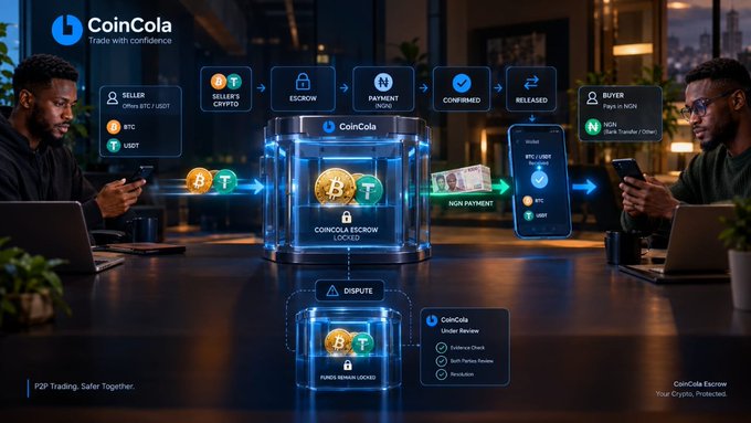 A CoinCola infographic illustrating a peer-to-peer cryptocurrency escrow process, detailing the flow from a Seller offering BTC/USDT to a Buyer paying in NGN through the platform's locked escrow.