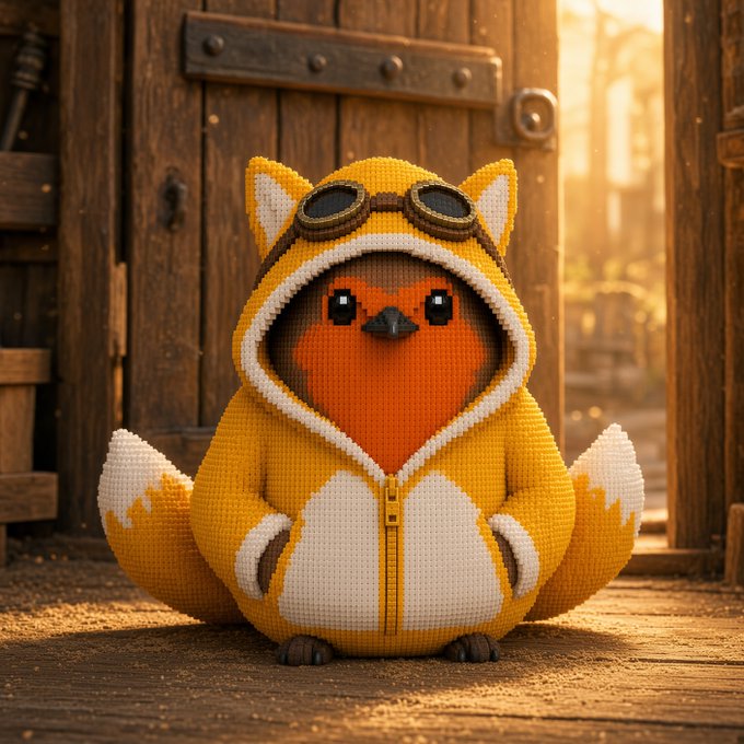 A 3D rendered plush-style character resembling a fox or bird wearing a yellow aviator hooded jacket with goggles, sitting in front of a wooden door.