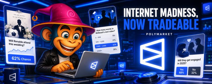 A promotional banner for Polymarket featuring a cartoon monkey in a pink hat using a laptop, with the text 'INTERNET MADNESS, NOW TRADABLE' and various prediction market examples like 'Will Ronaldo attend this wedding?'