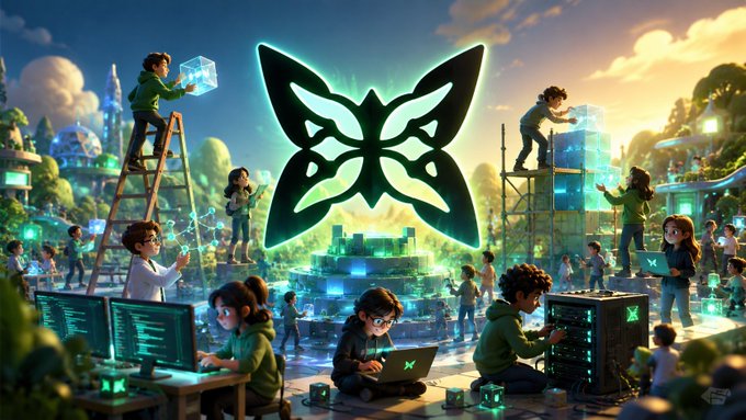 The image shows a vibrant animated scene of diverse developers, researchers, and community members collaborating on computers, servers, and tech equipment around a glowing green butterfly logo, symbolizing the collective ecosystem-building effort behind projects like @quipnetwork rather than relying on a few lone geniuses.