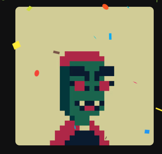 A pixel-art style illustration of a green-skinned zombie-like character with dark sunglasses and a red and blue outfit on a pale yellow background with confetti.