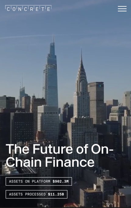 Mobile website screenshot for Concrete titled "The Future of On-Chain Finance," displaying a New York City skyline and stats showing $902.3M in assets on platform and $11.25B in assets processed.