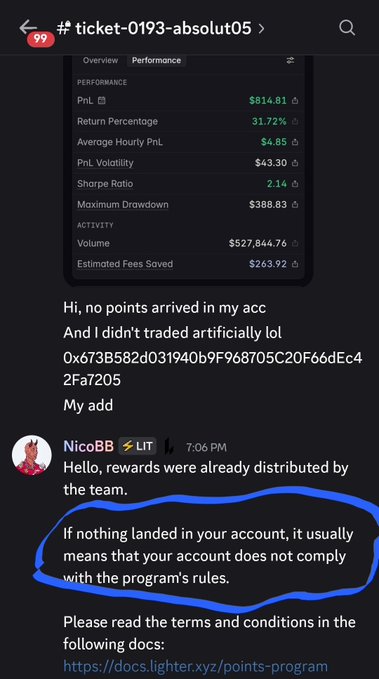 A Telegram chat screenshot from ticket-0193-absolut05 showing trading performance statistics (PnL: $814.81, 31.72% return) and a message from NicoBB explaining that missing rewards usually means the account doesn't comply with the program's rules.