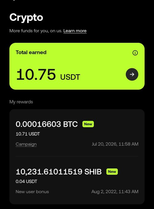 A mobile app screen showing a Crypto rewards page with a total earned of 10.75 USDT, including a new BTC reward of 0.00016603 BTC (10.71 USDT) from a Campaign and a SHIB token reward of 10,231.61011519 SHIB as a new user bonus.