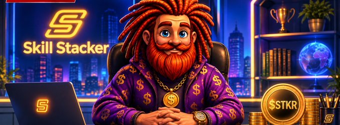 AI-generated illustration of a red-haired character in a dollar-sign patterned purple shirt sitting at a desk with 'Skill Stacker' branding, a 'STKR' coin, and stacks of gold coins.