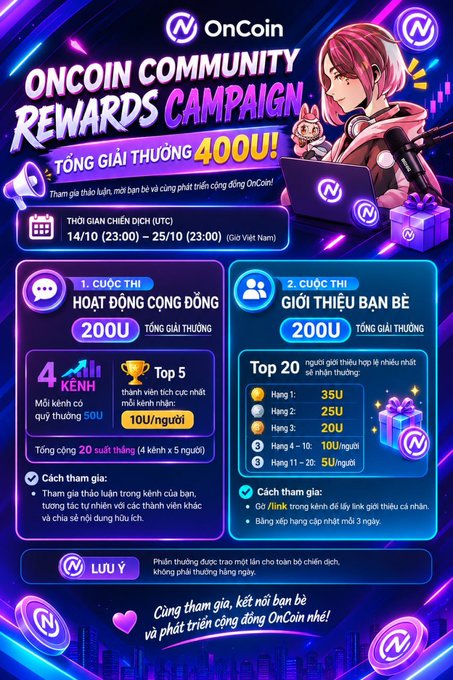 OnCoin Community Rewards Campaign promotional poster in Vietnamese, advertising 400U total prize pool across two contests: a community activity challenge (Oct 14-25) and a friend referral competition with top prizes of 35U, 25U, and 20U.