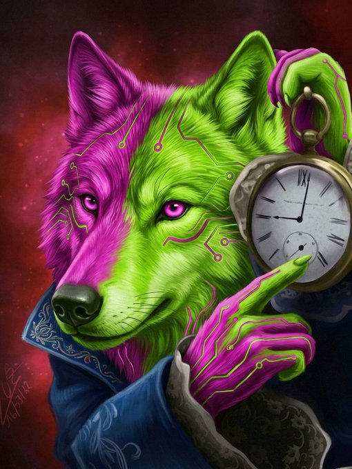 A vibrant cyberpunk wolf with neon green and magenta circuit-patterned fur holds up a vintage pocket watch, symbolizing the "time is money" ethos behind this insider buy alert. The image captures the ironic meme of a stonkbroker (whale trader) tracking the markets with a literal clock as they invest $11.08K into the $STONKBROKER token at a $54.83M market cap.