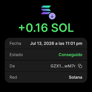 Screenshot of a successful Solana wallet transaction confirming a +0.16 SOL payment received on July 13, 2026, at 11:01 pm from address GZX1...wM7r, corresponding to the weekly NFT holder reward described in the post.
