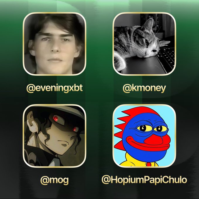 A grid of four social media profile pictures labeled '@eveningxbt' (a young man), '@kmoney' (a cat on a laptop), '@mog' (an anime-style character), and '@HopiumPapiChulo' (a Pepe-like character) on a green background.