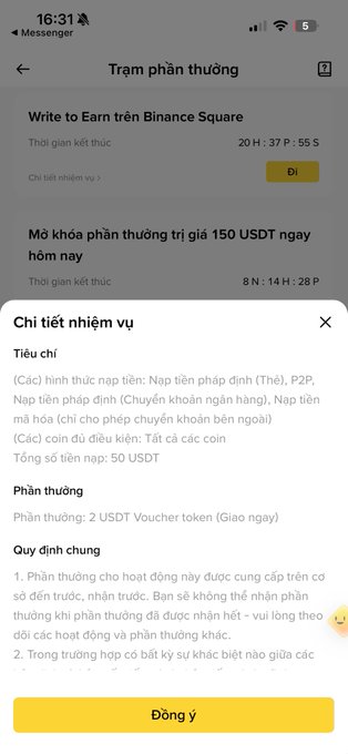 Vietnamese-language Binance task screen showing 'Trạm phần thưởng' with task details to deposit 50 USDT for a 2 USDT Voucher token reward.