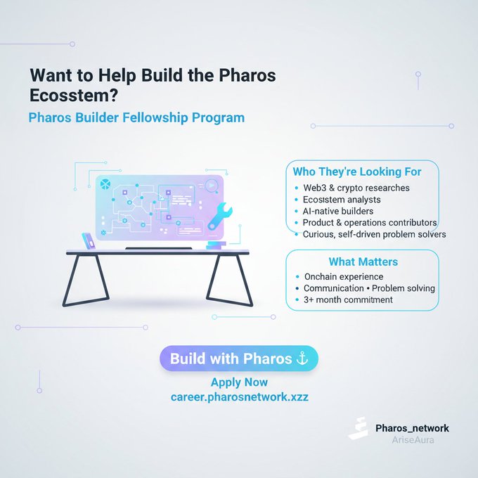 A promotional graphic for the Pharos Builder Fellowship Program, featuring a stylized desk illustration with a circuit-board monitor, outlining roles sought (Web3 researchers, ecosystem analysts, AI-native builders, and product/operations contributors) and requirements (onchain experience, communication, problem solving, 3+ month commitment), with an "Apply Now" call-to-action directing to career.pharosnetwork.xzz.

The image directly supports the post by visually breaking down the fellowship's target participants and qualifications beyond just research and AI workflows, highlighting additional opportunities for product contributors and problem solvers.